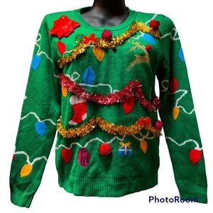 Ugly Christmas sweater green with garland Christmas bulbs and stockings. Size L